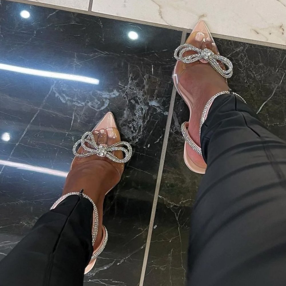 NEW Blush Nude Clear Transparent Rhinestone Bow Ankle Strap Pointy Toe Pump Heel - Picture 12 of 12